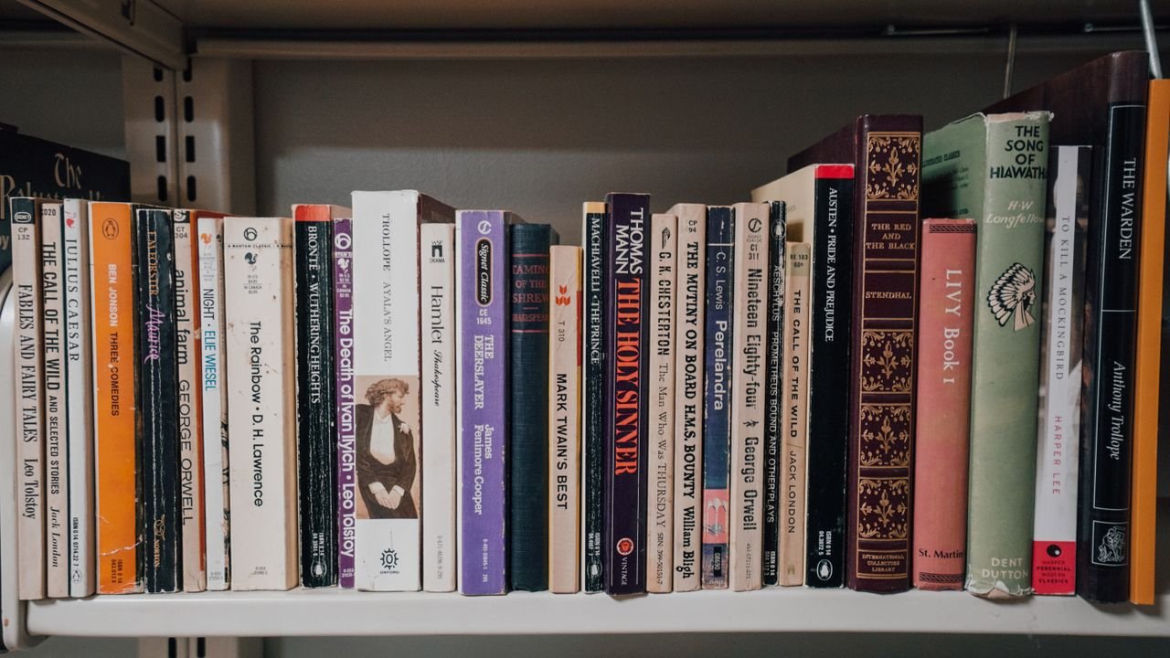 gallery-3 A diverse collection of classic literary books on a shelf, ideal for libraries and reading enthusiasts.