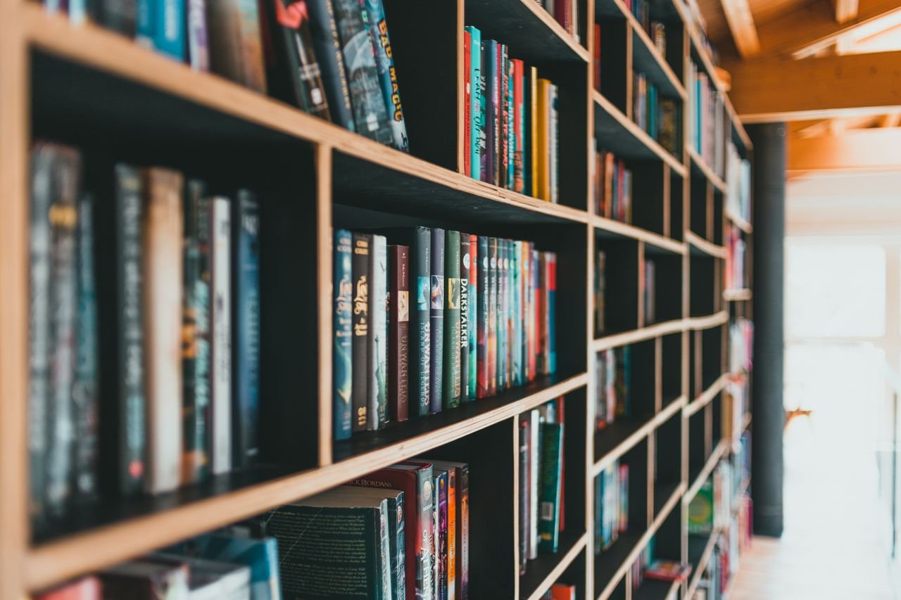 why-choose-us Colorful books neatly arranged on modern shelves in a bright library.